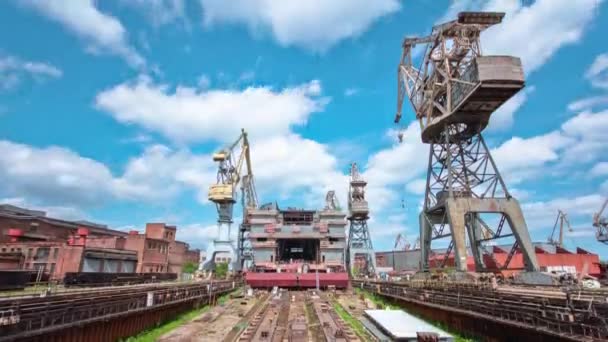 Construcción Gran Barco Astillero Con Grúas Timelapse Fragmento Del Estuche — Vídeos de Stock