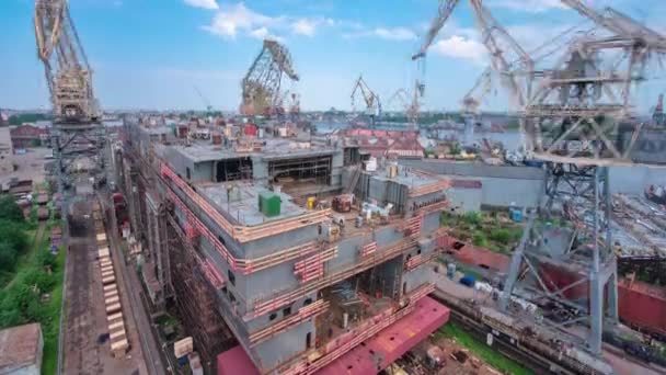 Construction Large Ship Shipyard Timelapse Cranes Fragment Case Workshop Plant — Vídeo de stock