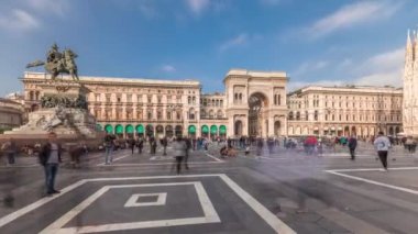 Panorama showing horse statue with Milan Cathedral and Vittorio Emanuele gallery timelapse. Duomo di Milano is the cathedral church located at the Piazza del Duomo square in Milan city in Italy