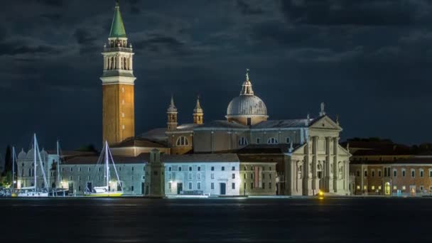 Illuminated Cathedral San Giorgio Maggiore San Marco Square Night Timelapse — Stockvideo