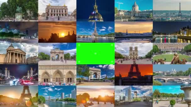 Green Chroma Key Screen Collage Paris Timelapse Hyperlapse France Collection — Vídeos de Stock