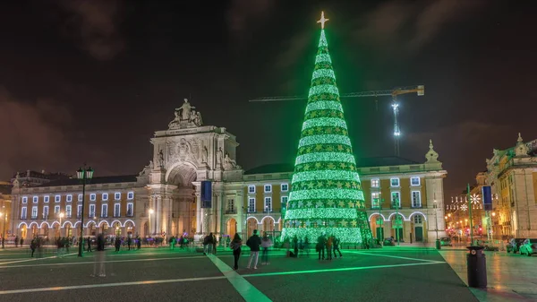 Commerce Square Illuminated Decorated Christmas Time Lisbon Night Timelapse Hyperlapse — Foto de Stock