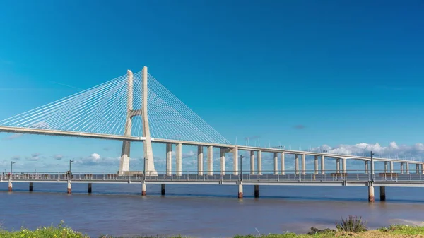 Vasco Gama Bridge Timelapse Hyperlapse Cable Stayed Longest Bridge Flanked — Stok fotoğraf