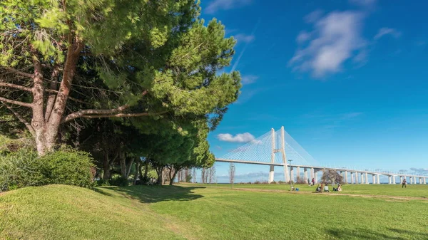 Vasco Gama Bridge Timelapse Hyperlapse Green Lawn Trees Cable Stayed — Stock Photo, Image