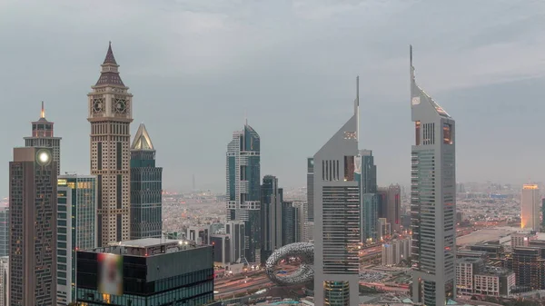 Skyscrapers Sheikh Zayed Road Difc Day Night Transition Timelapse Dubai — Stock Photo, Image