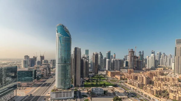 Panorama Que Muestra Bahía Negocios Dubái Timelapse Las Torres Del —  Fotos de Stock