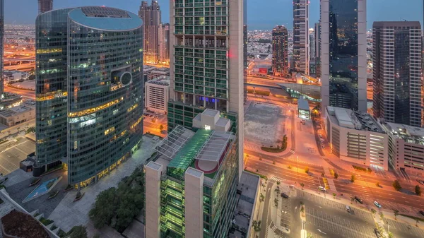 Die Wolkenkratzer Des Internationalen Finanzzentrums Dubai Sind Nacht Auf Tag — Stockfoto