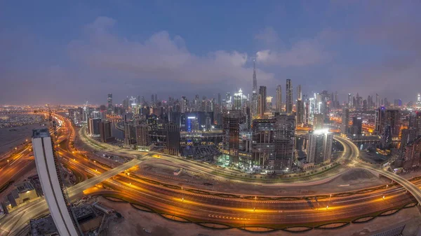 Panoramic Skyline Dubai Business Bay Downtown District Night Aerial Wide — Stock Photo, Image