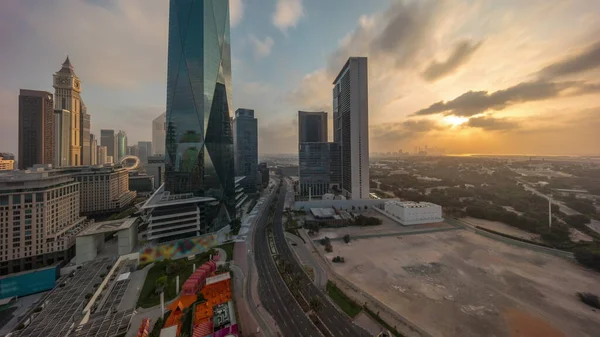 Sunrise Dubai International Financial District Transition Timelapse Panoramic Aerial View — Stock Photo, Image