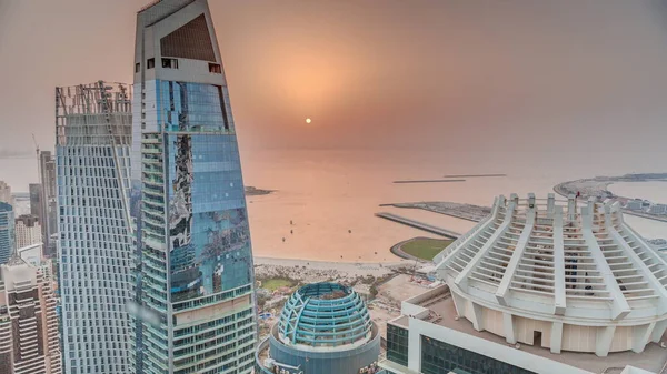 Vista Aérea Atardecer Los Rascacielos Jbr Dubai Marina Edificios Lujo —  Fotos de Stock
