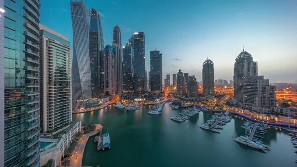Dubai Marina Tallest Skyscrapers Yachts Harbor Aerial Night Day Transition — Foto de Stock