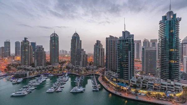 Luxury Yacht Bay City Aerial Night Day Transition Timelapse Dubai — Stock Photo, Image