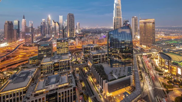 Futurista Dubai Downtown Distrito Financeiro Skyline Panorama Aéreo Dia Noite — Fotografia de Stock