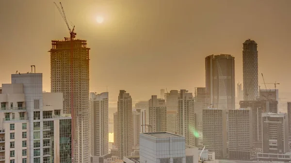 Aerial Sunrise Big Futuristic City Timelapse Business Bay Downtown District — Stock Photo, Image