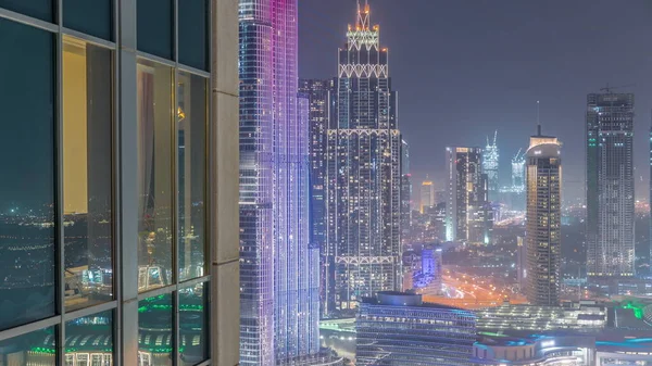 Dubai Centro Arquitectura Futurista Moderna Timelapse Noche Aérea Vista Rascacielos — Foto de Stock