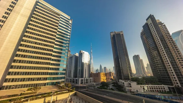Aerial Panoramic Looking View Dubai Downtown Difc Skyscrapers Sunrise Busy — Stock Photo, Image