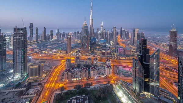 Aerial Panorama Tallest Towers Dubai Downtown Skyline Night Day Transition — Stockfoto