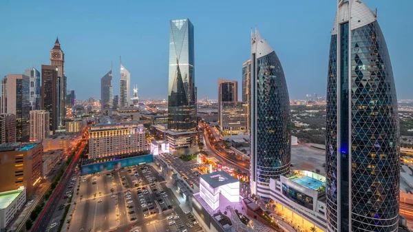 Flygfoto Över Dubais Internationella Finansdistrikt Med Många Skyskrapor Natt Efter — Stockfoto