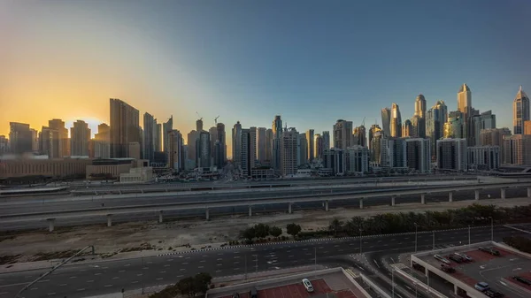 Panorama Dubai Marina Tallest Block Skyscrapers Evening Timelapse Sunset Aerial — Stock Photo, Image