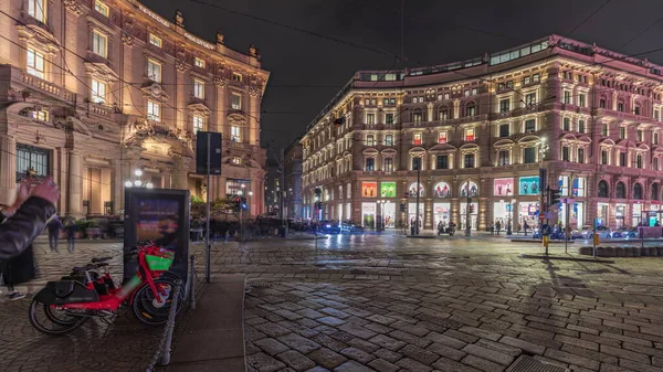 Panorama Showing Cordusio Square Night Timelapse Illuminated Historic Buildings Monument — Stock Photo, Image