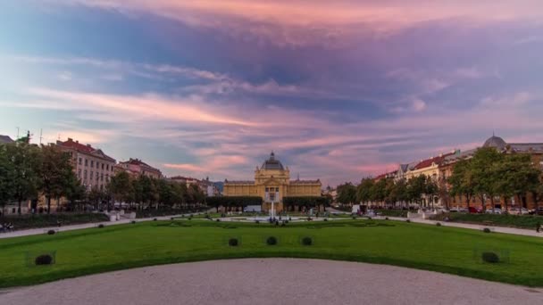 Panoramic Day Night Transition Timelapse Art Pavilion King Tomislav Square — Wideo stockowe