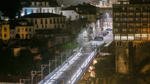 Stad Porto Nachts Timelapse Portugal Oude Binnenstad Ponte Dom Luiz — Stockvideo