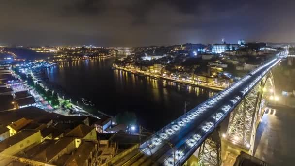 Night Aerial View Historic City Porto Portugal Panoramic Timelapse Dom — Stockvideo