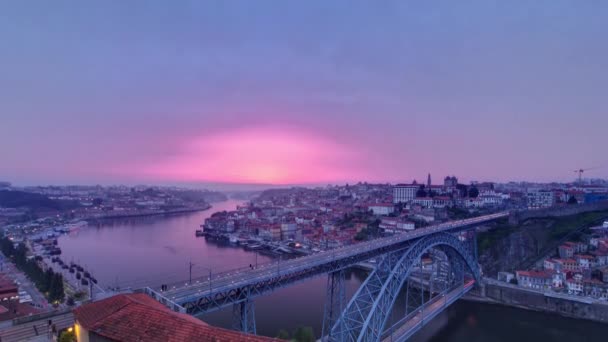 Day Night Transition Aerial Panoramic View Historic City Porto Portugal — Stockvideo