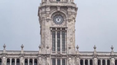 Tower with watch on City Hall building close up view timelapse hyperlapse. Camara Municipal do Porto on Liberdade Square, Porto, Portugal