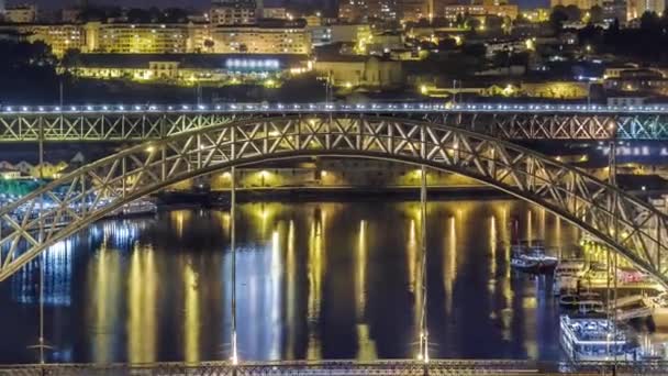 Night Aerial Timelapse Dom Luis Bridge Metal Arch Bridge Spans — Vídeos de Stock