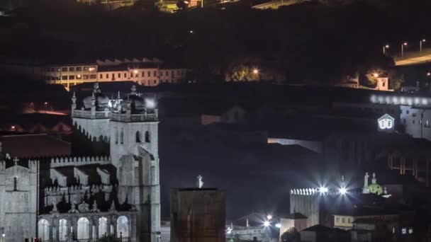 Aerial View Rooftops Portos Old Town Cathedral Night Timelapse Illuminated — Stock video