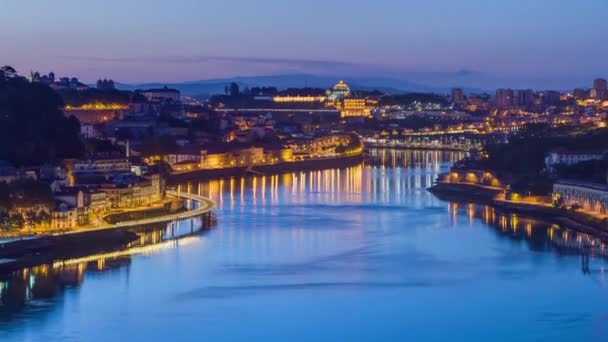 Aerial View Sunrise Most Emblematic Area Douro River Timelapse Night — Wideo stockowe