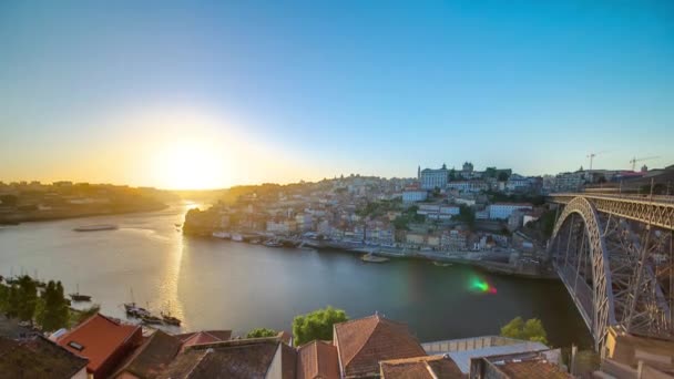 Panorama Old City Porto River Duoro Port Transporting Boats Sunset — Video Stock
