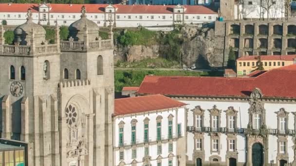 Cathedral Porto Close Aerial View Clerigos Tower Porto Timelapse Sunset — Stockvideo