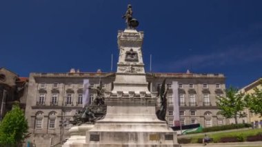 Henry Infante Dom Henrique the Navigator Monument and Stock Exchange Palace, Porto, Portugal timelapse hyperlapse. Blue sky