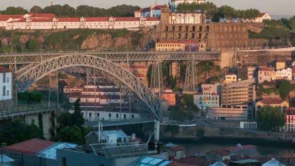 Sunset Time Shadow Covering Douro Riverside Dom Luiz Bridge Mosteiro — Video Stock