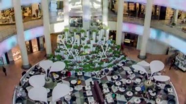 Many shops in multi-level department store or shoping mall timelapse hyperlapse. Cafes and restaurants in the center. Elevators on a background