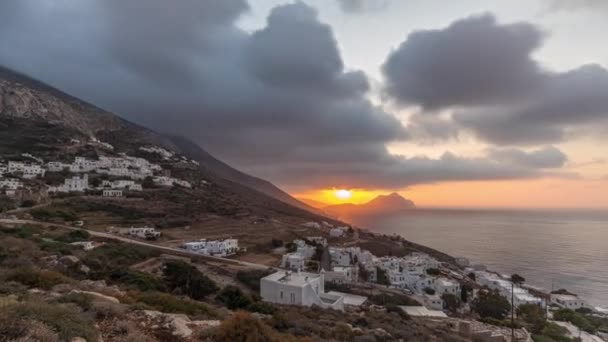 Panorama Showing Sunset Amorgos Island Aerial Timelapse Traditional Greece White — Stock Video