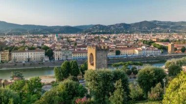Yukarıdaki zaman diliminden gelen hava manzarası. Piazzale Michelangelo noktasından Floransa manzaralı tarihi binalar üzerine panorama. İtalya. Yazın mavi gökyüzü.