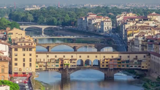 Ponte Vecchio Časné Ráno Letecký Timelapse Michelangelo Náměstí Středověký Kámen — Stock video
