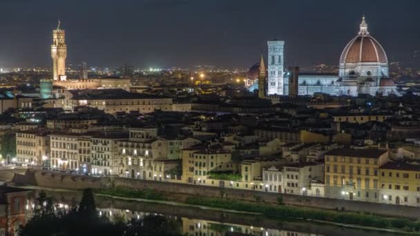 Πύργος Arnolfo Του Palazzo Vecchio Φωτίζεται Νύχτα Εναέρια Timelapse Και — Αρχείο Βίντεο
