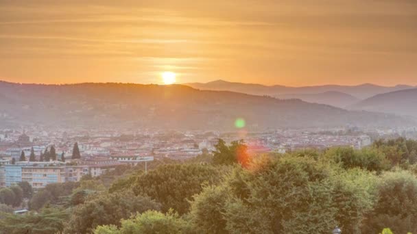 Ανατολή Κορυφή Άποψη Της Πόλης Της Φλωρεντίας Εναέρια Timelapse Arno — Αρχείο Βίντεο