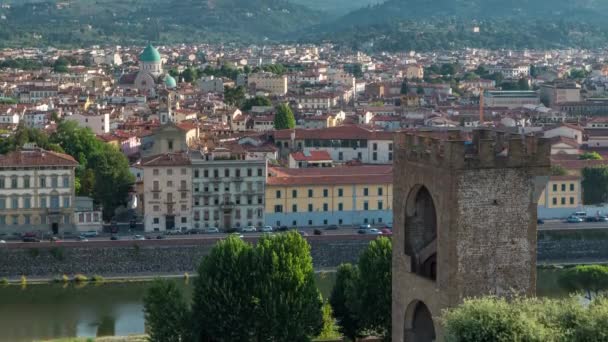 Top Luftaufnahme Der Stadt Florenz Zeitraffer Bei Sonnenaufgang Mit Arno — Stockvideo