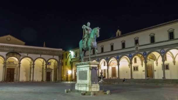 Estátua Ferdinando Medici Iluminada Noite Timelapse Hyperlapse Grão Duque Toscana — Vídeo de Stock