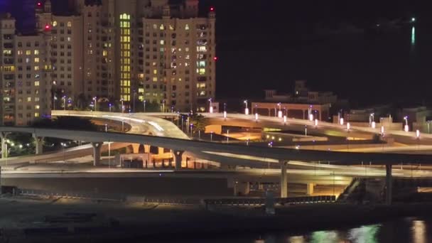 Vista Aerea Dubai Marina Timelapse Notte Traffico Ponte Isola Palm — Video Stock