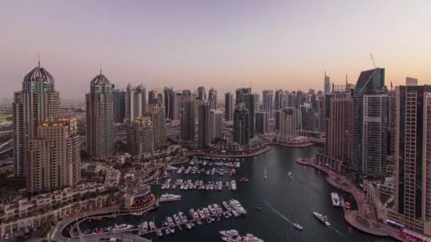 Dubajský Přístav Panorama Čluny Jachty Panorama Noci Den Přechodu Timelapse — Stock video