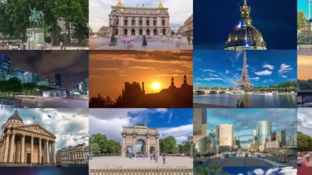 パリのマルチスクリーンコラージュは フランスの過経過をタイムラプスします 最も有名なパリのランドマークと映像のコレクション エッフェル塔 凱旋門 ノートルダム 防衛高層ビルなど — ストック動画
