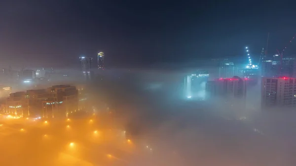 Buildings Covered Thick Layer Fog Business Bay All Night Illuminated — Foto de Stock