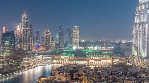 Letecký Pohled Dubaj Mezinárodní Finanční Centrum Okresní Den Noc Přechodu — Stock fotografie
