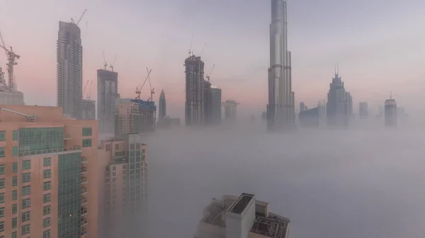 Flygfoto Över Dubai City Tidigt Morgonen Dimma Natt Till Dag — Stockfoto
